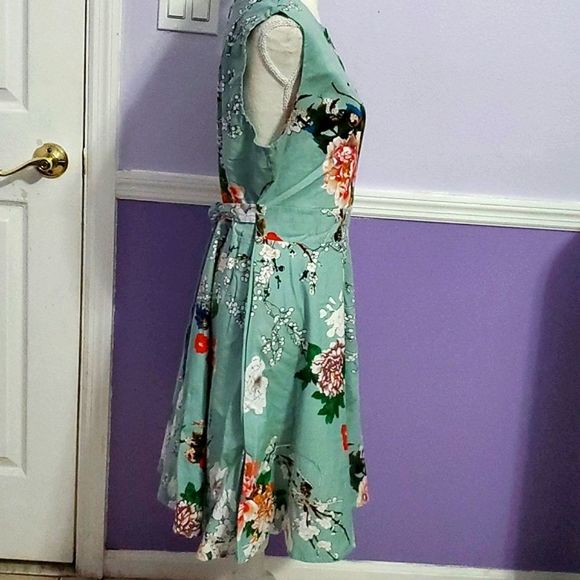 Owin Teal Green Floral Jackie O 60s Sleeveless Fit & Flare Pinup Midi Dress - Picture 6 of 11